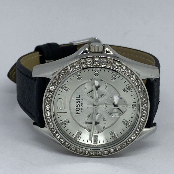 Fossil ES2203 Women's Black Leather Analog Silver Dial Quartz Wrist Watch EY731 - Picture 7 of 12